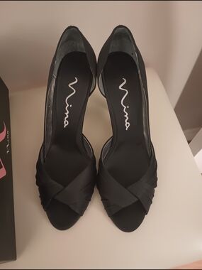 Nina Black Peep-Toe Satin Heels - Nina